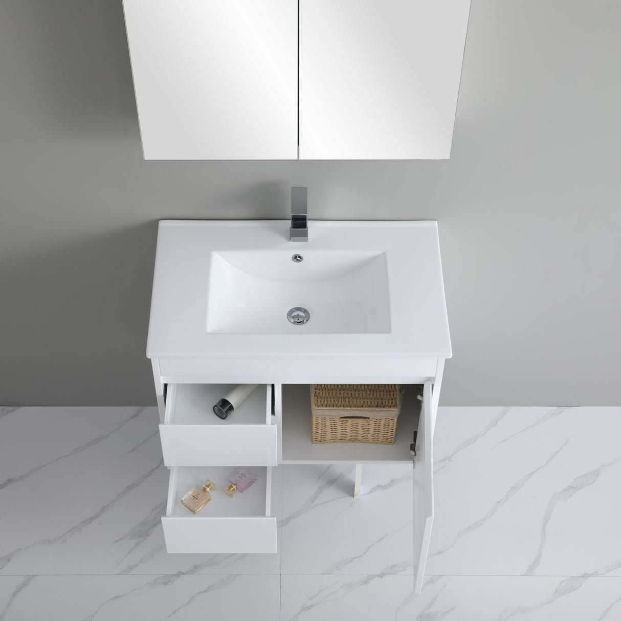 top view 750mm white wall hung vanity with open cabinet and drawer