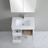 top view 750mm white wall hung vanity with open cabinet and drawer
