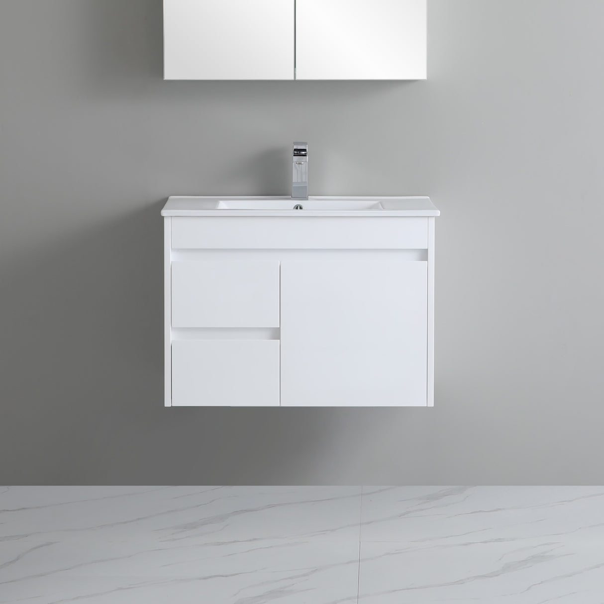 polar 750mm white wall hung vanity with grey background