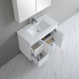 Bathroom vanity with white sink and open cabinet doors on a marble floor.