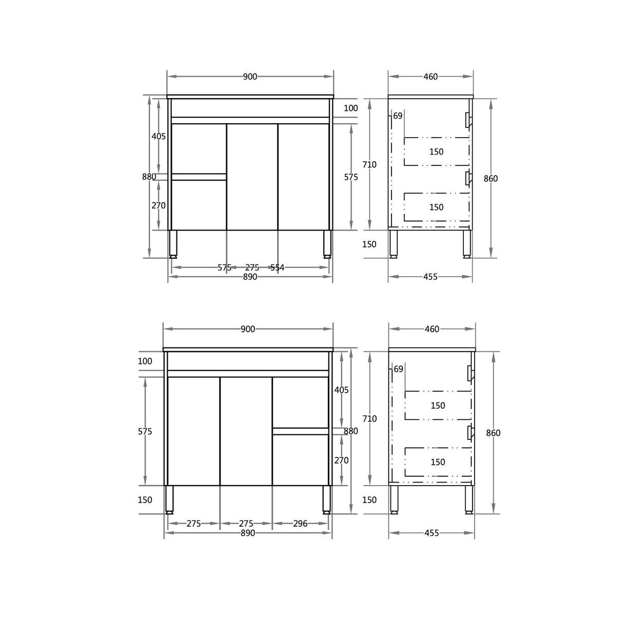 drawing of left and right hand drawer 900mm polar white free standing vanity