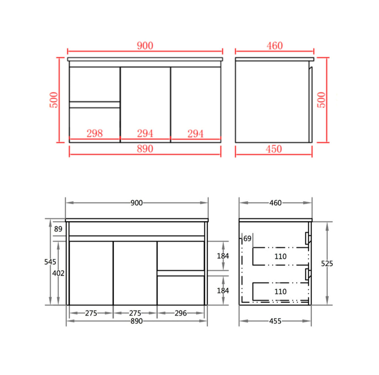 drawing polar white wall hung vanity 900mm left and right drawer