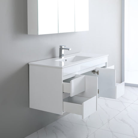side view side drawer 1200mm white wall hung vanity with grey background