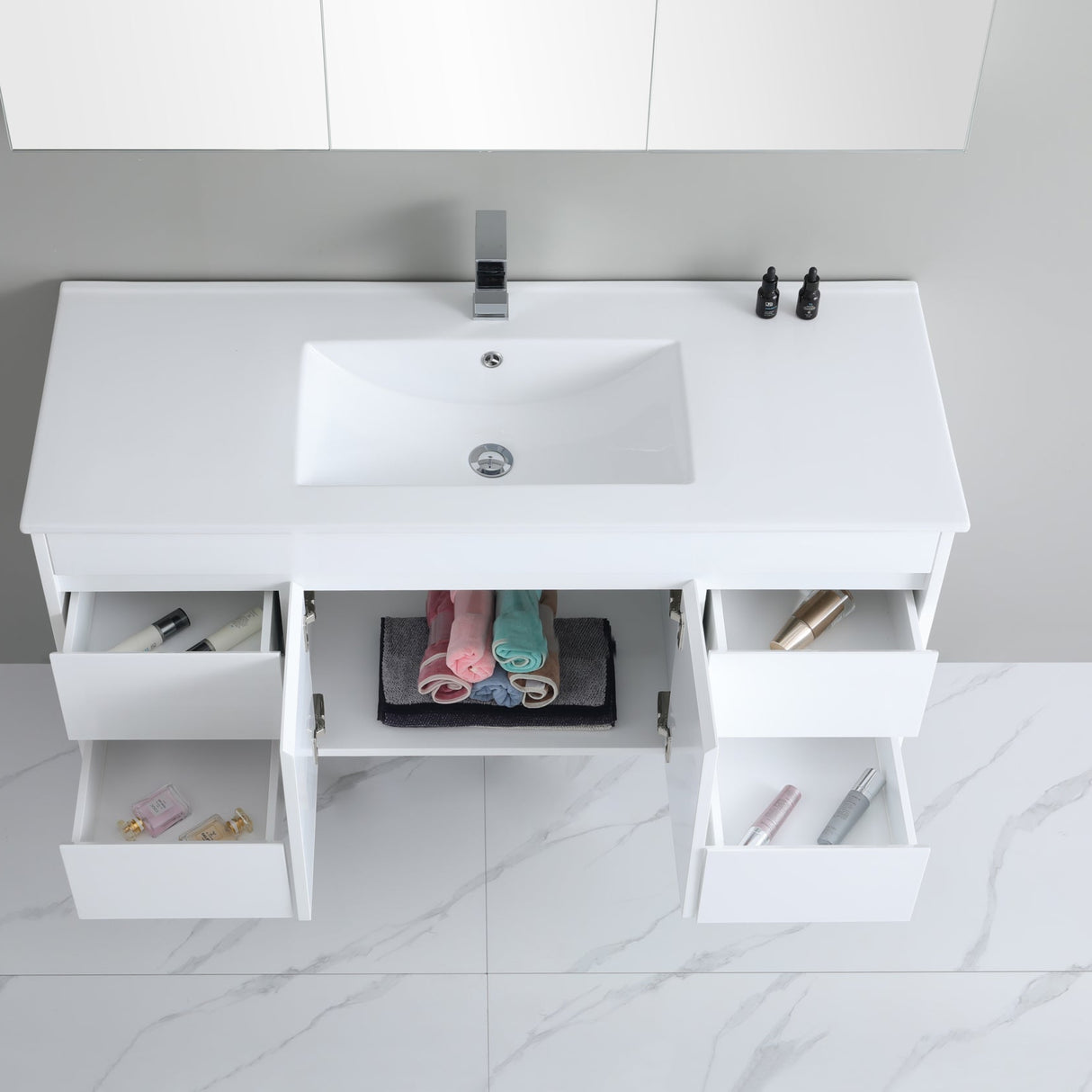 top view side drawer 1200mm white wall hung vanity with grey background