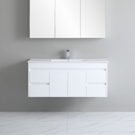side drawer 1200mm white wall hung vanity with grey background
