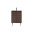 A modern bathroom vanity cabinet with a dark brown wood grain finish, a white integrated sink, and a tall chrome faucet, shown against a plain white background.