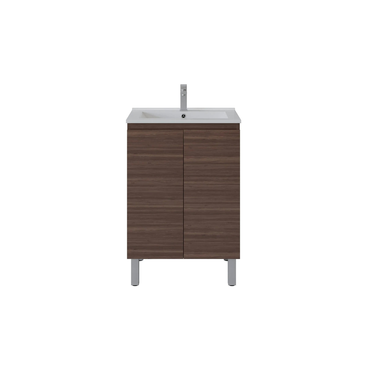 A modern bathroom vanity cabinet with a dark brown wood grain finish, a white integrated sink, and a tall chrome faucet, shown against a plain white background.