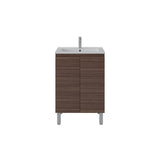 A modern bathroom vanity cabinet with a dark brown wood grain finish, a white integrated sink, and a tall chrome faucet, shown against a plain white background.