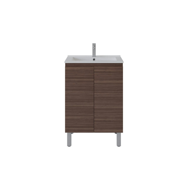 A modern bathroom vanity cabinet with a dark brown wood grain finish, a white integrated sink, and a tall chrome faucet, shown against a plain white background.