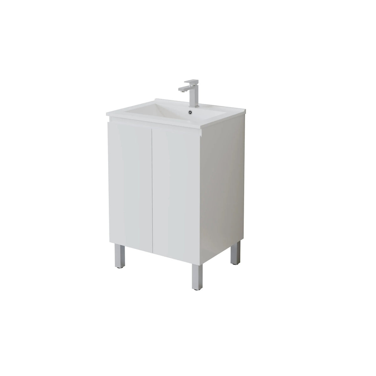 A white bathroom vanity cabinet with two doors, a built-in white sink, and a chrome faucet, shown on a plain white background.