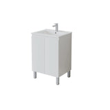 A white bathroom vanity cabinet with two doors, a built-in white sink, and a chrome faucet, shown on a plain white background.