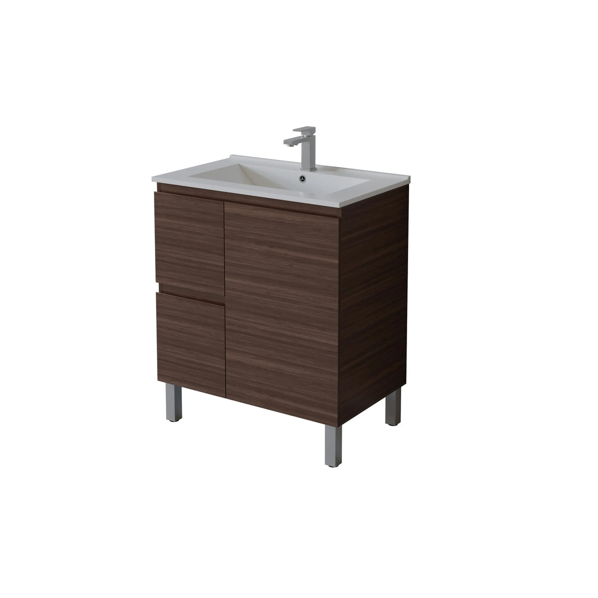Bathroom vanity with sink and faucet on a white background