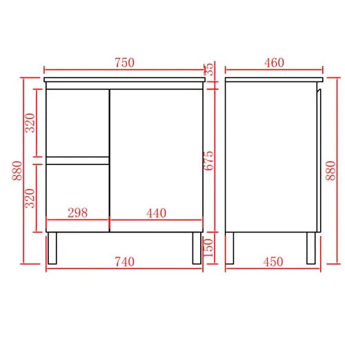 A black and white line drawing showing the dimensions of a vanity, with red measurement lines and numeric labels on a plain white background.