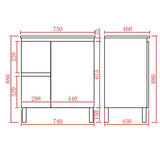 A black and white line drawing showing the dimensions of a vanity, with red measurement lines and numeric labels on a plain white background.