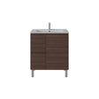 A modern bathroom vanity cabinet with a dark brown wood-grain finish, featuring two front drawers and a white integrated sink basin with a tall chrome faucet, shown against a plain white background.