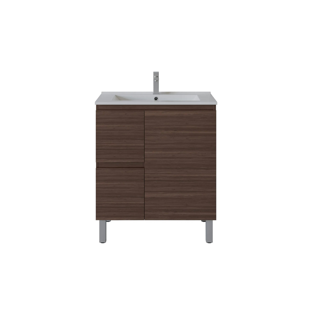 A modern bathroom vanity cabinet with a dark brown wood-grain finish, featuring two front drawers and a white integrated sink basin with a tall chrome faucet, shown against a plain white background.