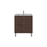 A modern bathroom vanity cabinet with a dark brown wood-grain finish, featuring two front drawers and a white integrated sink basin with a tall chrome faucet, shown against a plain white background.