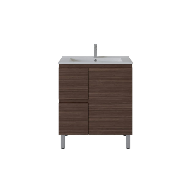 A modern bathroom vanity cabinet with a dark brown wood-grain finish, featuring two front drawers and a white integrated sink basin with a tall chrome faucet, shown against a plain white background.