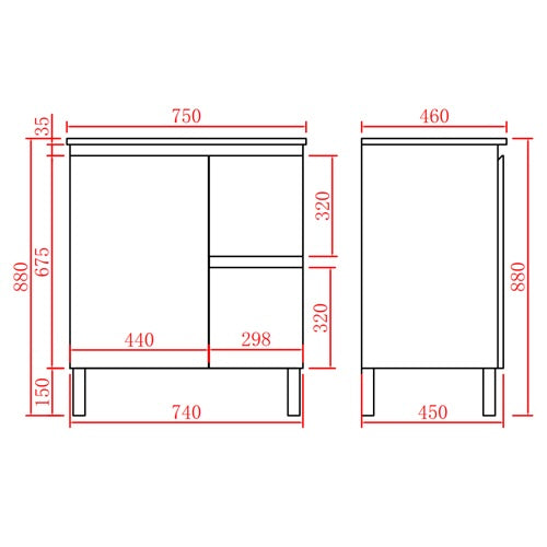A black and white line drawing showing the dimensions of vanities, with red measurement labels and numeric values for width, height, and leg spacing.