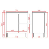 A black and white line drawing showing the dimensions of vanities, with red measurement labels and numeric values for width, height, and leg spacing.