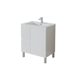 A modern white bathroom vanity cabinet with an integrated white sink and a silver faucet, shown on a plain white background.