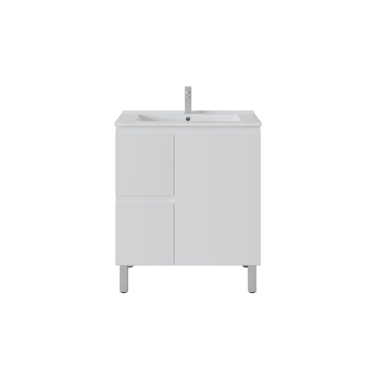 A modern white bathroom vanity cabinet with a matching white sink basin and a tall chrome faucet, shown against a solid white background.