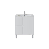 A modern white bathroom vanity cabinet with a matching white sink basin and a tall chrome faucet, shown against a solid white background.