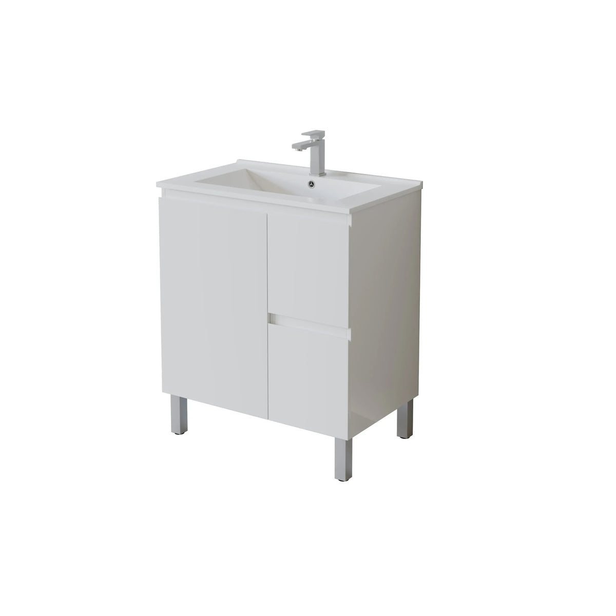 A modern white bathroom vanity cabinet with two doors, a built-in white sink, and a silver faucet, shown on a plain white background.
