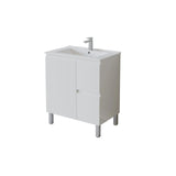 A modern white bathroom vanity cabinet with two doors, a built-in white sink, and a silver faucet, shown on a plain white background.
