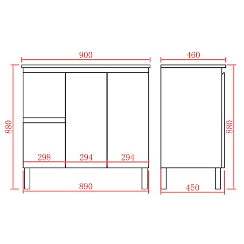 A technical dimension drawing of a cabinet or sideboard, showing front and side views with red measurement lines and labels on a white background.