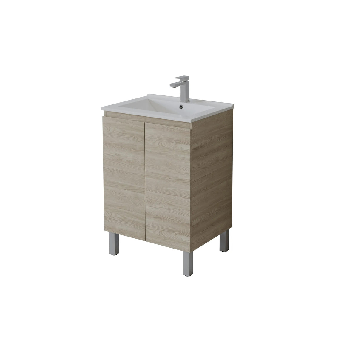 A modern bathroom vanity cabinet with a light oak wood-grain finish, featuring two doors, a white ceramic sink basin, and a chrome faucet, shown on a plain white background.