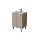 A modern bathroom vanity cabinet with a light oak wood-grain finish, featuring two doors, a white ceramic sink basin, and a chrome faucet, shown on a plain white background.