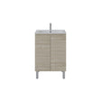 A modern bathroom vanity cabinet with a light oak wood-grain finish, featuring two doors, a white integrated sink, and a tall chrome faucet, shown against a plain white background.