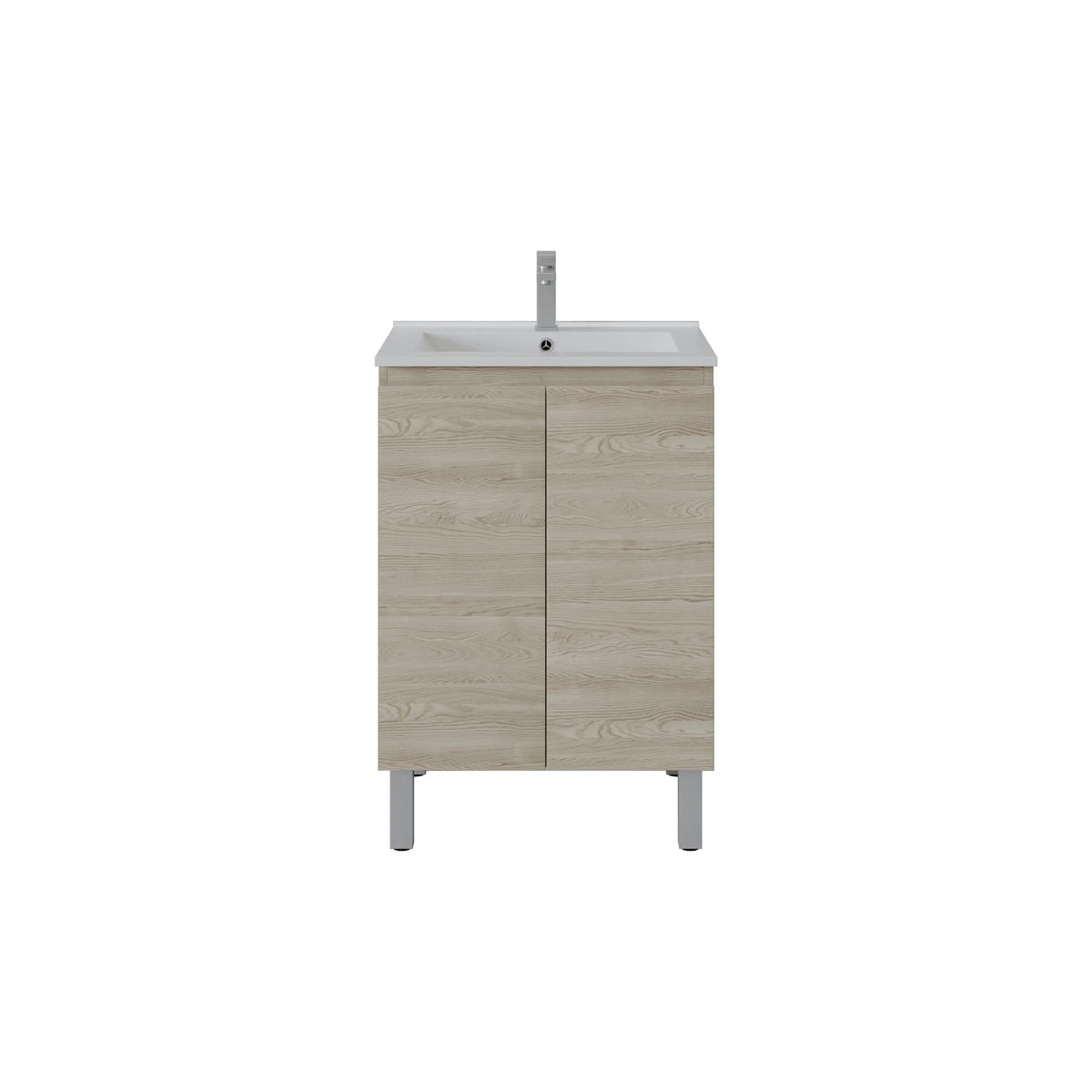 A modern bathroom vanity cabinet with a light oak wood-grain finish, featuring two doors, a white integrated sink, and a tall chrome faucet, shown against a plain white background.