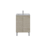 A modern bathroom vanity cabinet with a light oak wood-grain finish, featuring two doors, a white integrated sink, and a tall chrome faucet, shown against a plain white background.