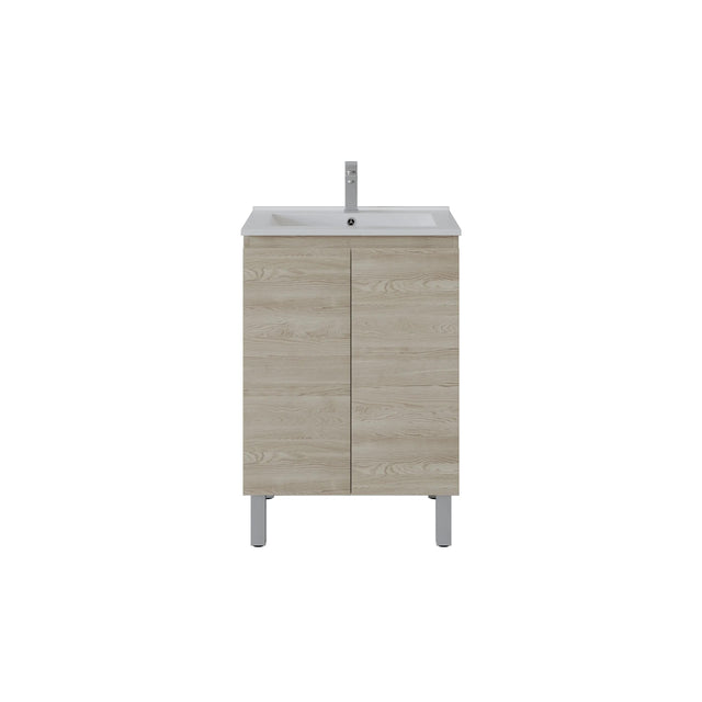 A modern bathroom vanity cabinet with a light oak wood-grain finish, featuring two doors, a white integrated sink, and a tall chrome faucet, shown against a plain white background.