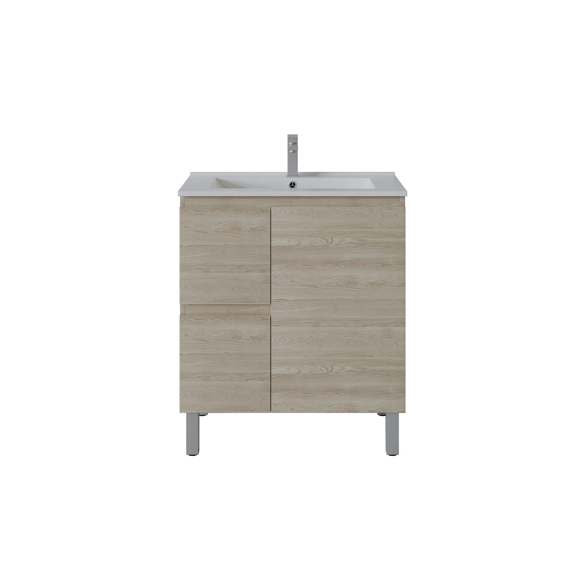 A modern bathroom vanity cabinet with a light oak wood-grain finish, a white integrated sink, and a tall chrome faucet, shown against a plain white background.