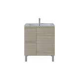 A modern bathroom vanity cabinet with a light oak wood-grain finish, a white integrated sink, and a tall chrome faucet, shown against a plain white background.