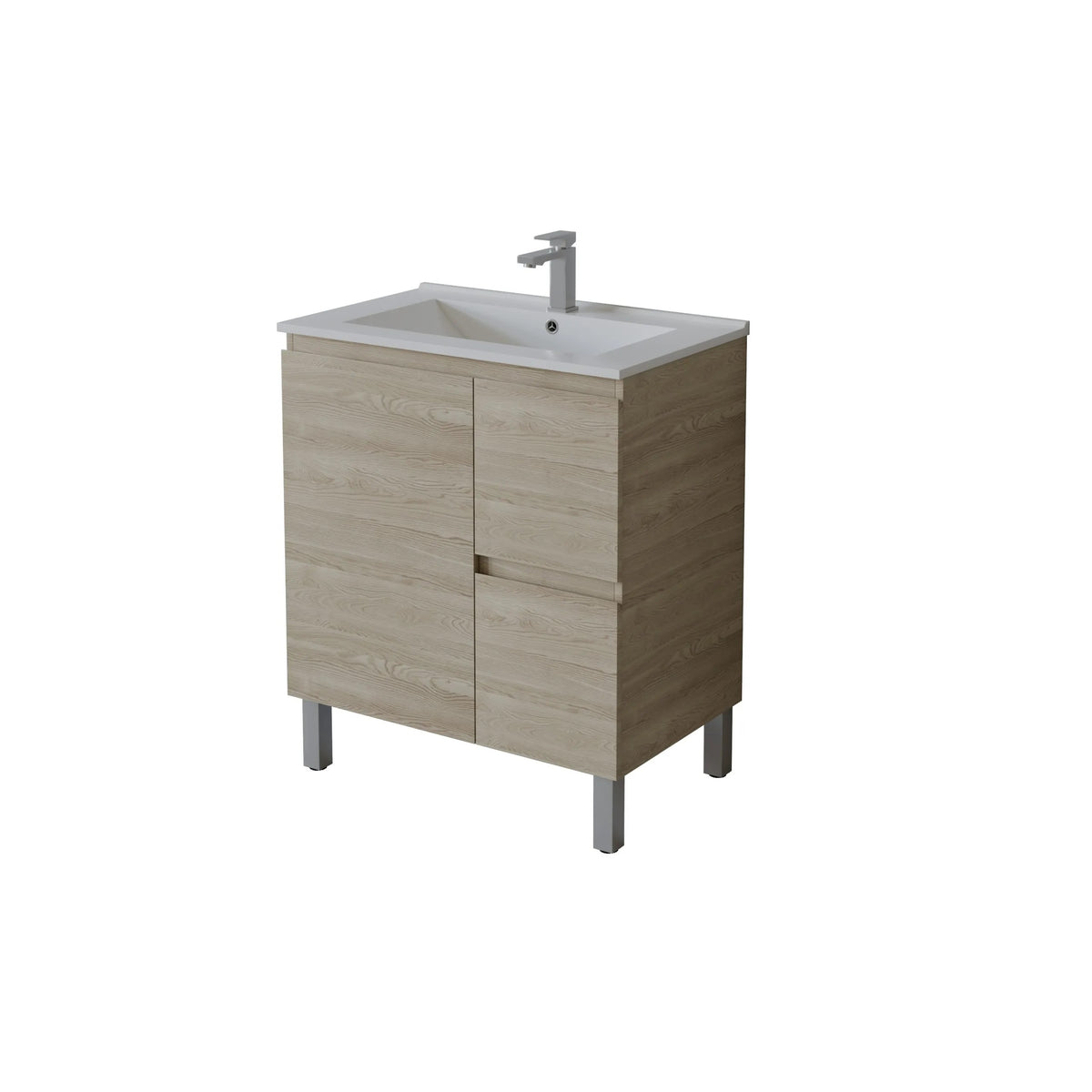 A modern bathroom vanity cabinet with a light oak wood grain finish, a white integrated sink, and a chrome faucet, shown on a plain white background.