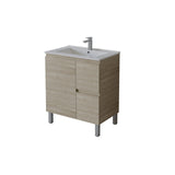 A modern bathroom vanity cabinet with a light oak wood grain finish, a white integrated sink, and a chrome faucet, shown on a plain white background.