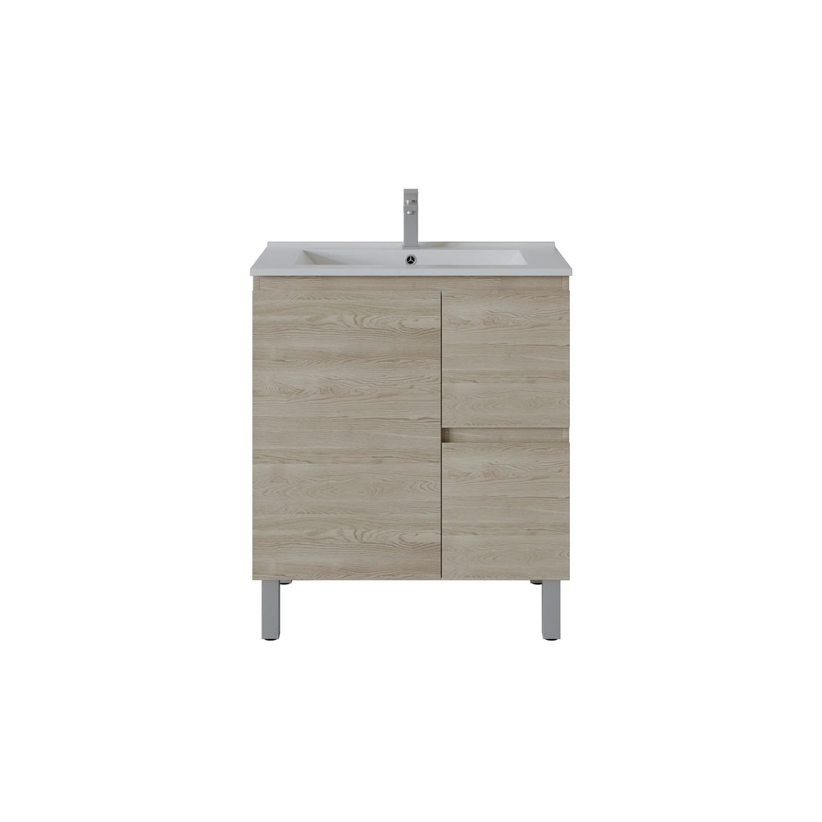 A modern bathroom vanity cabinet with a light oak wood grain finish, a white integrated sink, and a tall chrome faucet, shown against a plain white background.