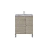 A modern bathroom vanity cabinet with a light oak wood grain finish, a white integrated sink, and a tall chrome faucet, shown against a plain white background.