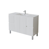 White bathroom vanity with sink and faucet on a white background