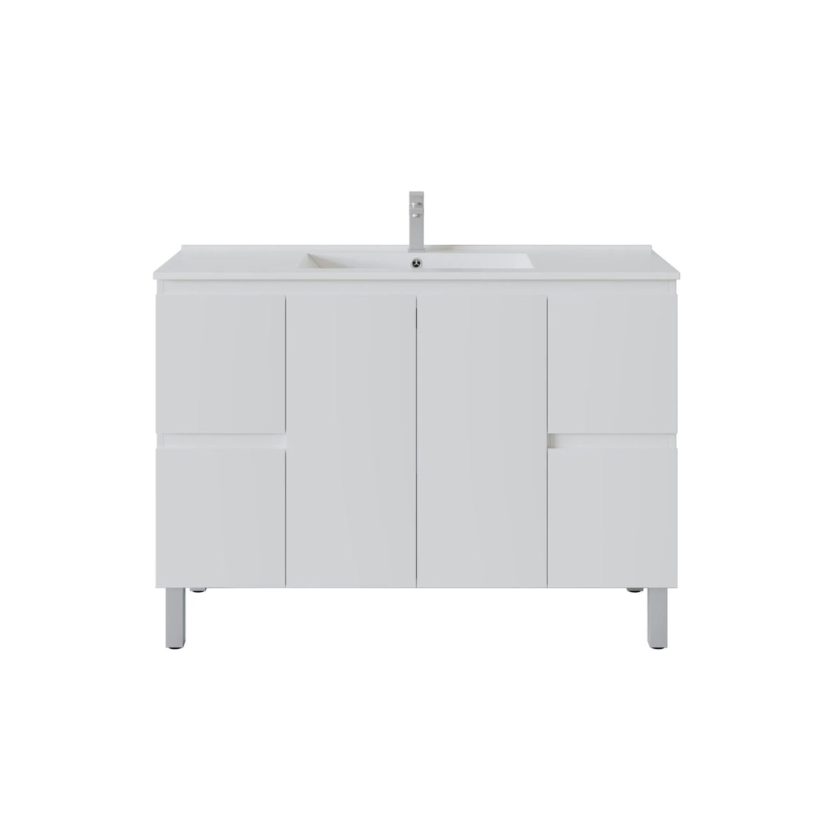 A modern white bathroom vanity cabinet with a rectangular sink and a slim chrome faucet, shown against a plain white background.