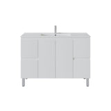 A modern white bathroom vanity cabinet with a rectangular sink and a slim chrome faucet, shown against a plain white background.