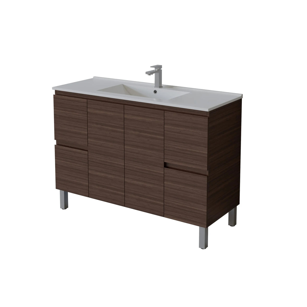 Bathroom vanity with sink and drawers on a white background