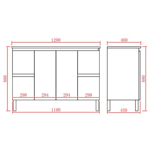 A black-and-white furniture dimension diagram showing a cabinet, with red measurement lines and labels indicating dimensions such as 1200, 880, 460, 450, and panel widths.