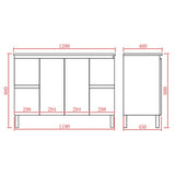 A black-and-white furniture dimension diagram showing a cabinet, with red measurement lines and labels indicating dimensions such as 1200, 880, 460, 450, and panel widths.