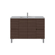 A modern bathroom vanity cabinet with a dark brown wood grain finish, featuring a white integrated sink and a tall chrome faucet, shown against a plain white background.