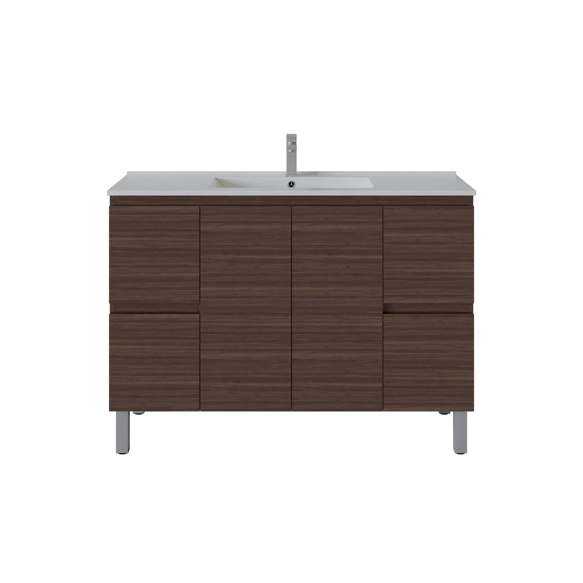 A modern bathroom vanity cabinet with a dark brown wood grain finish, featuring a white integrated sink and a tall chrome faucet, shown against a plain white background.